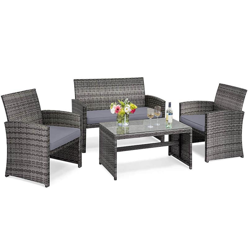 Gymax Set of 4 Rattan Furniture Set Conversation Glass Table Top - Grey
