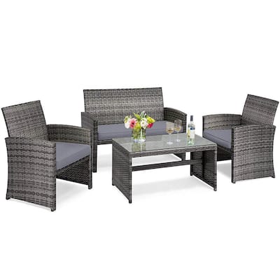 Gymax Set of 4 Rattan Furniture Set Conversation Glass Table Top