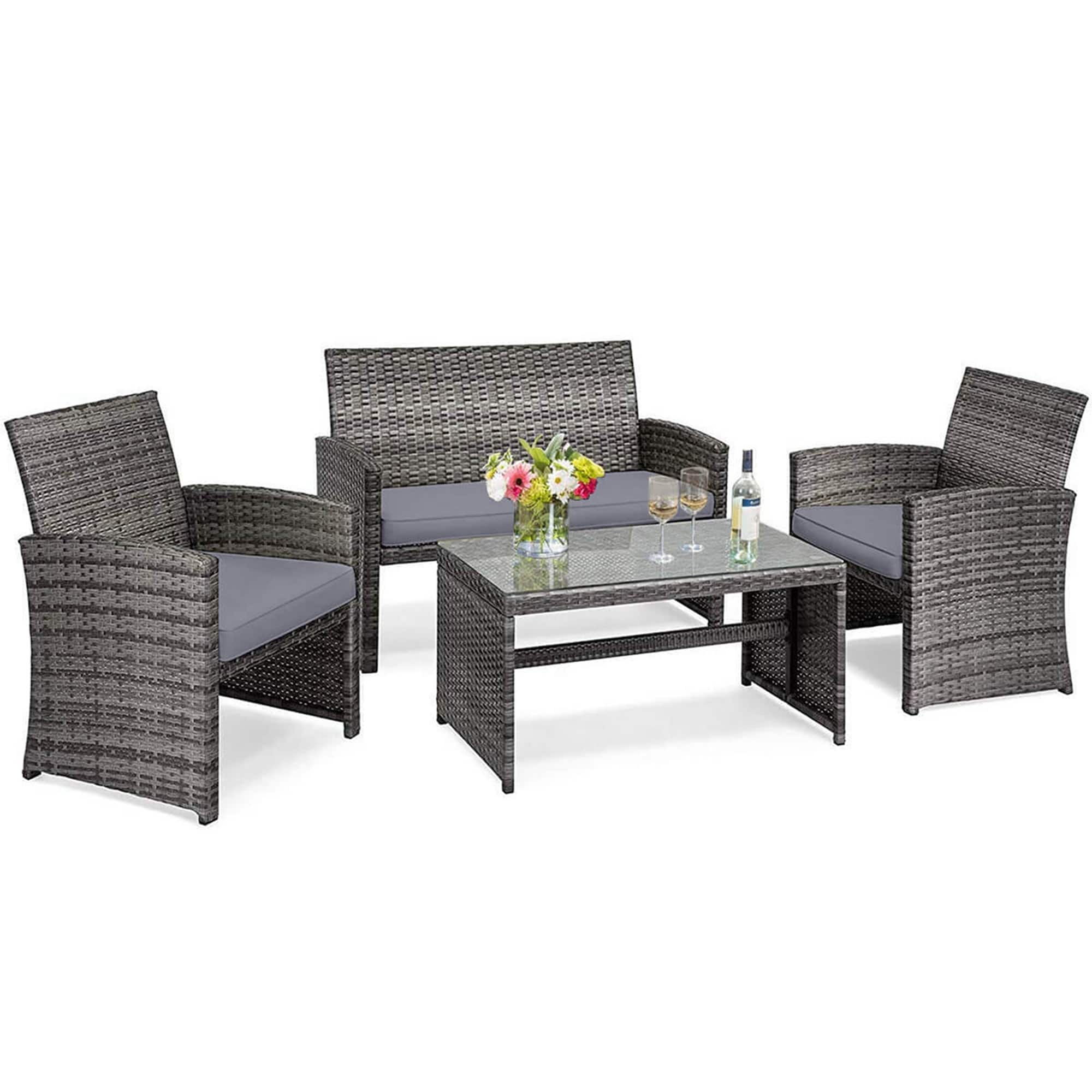 Gymax Set of 4 Rattan Furniture Set Conversation Glass Table Top