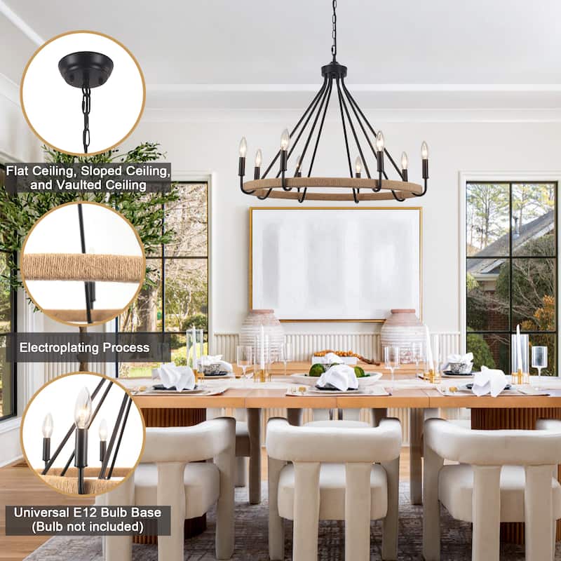 8-Light Hanging Candlestick Wagon Wheel Chandelier Hemp Rope Linear Chandelier Lighting for Kitchen Island