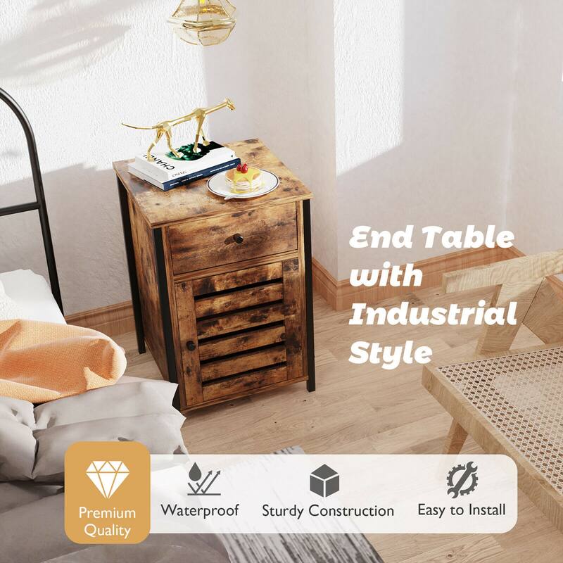 Gymax Nightstand with Drawer Cabinet Adjustable Shelf Industrial Side