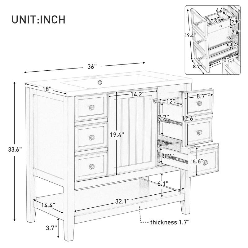 36-Inch Bathroom Vanity Set with Integrated Sink‌ – Features One Cabinet, Three Drawers, and Durable Solid Wood/MDF Construction