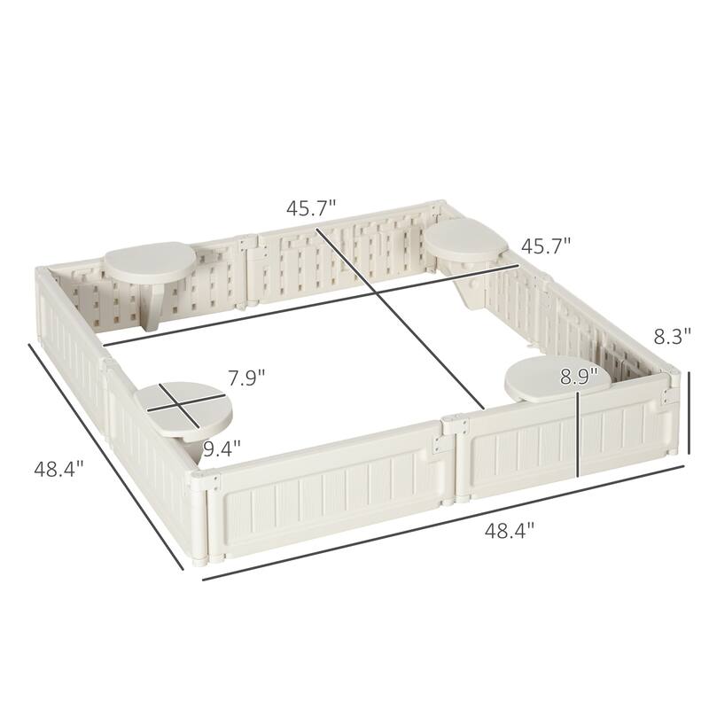 Cream White HDPE Kids Sandbox with Four Semicircular Seats Outdoor Play Sandpit with Waterproof Cover Ages 3 to 12
