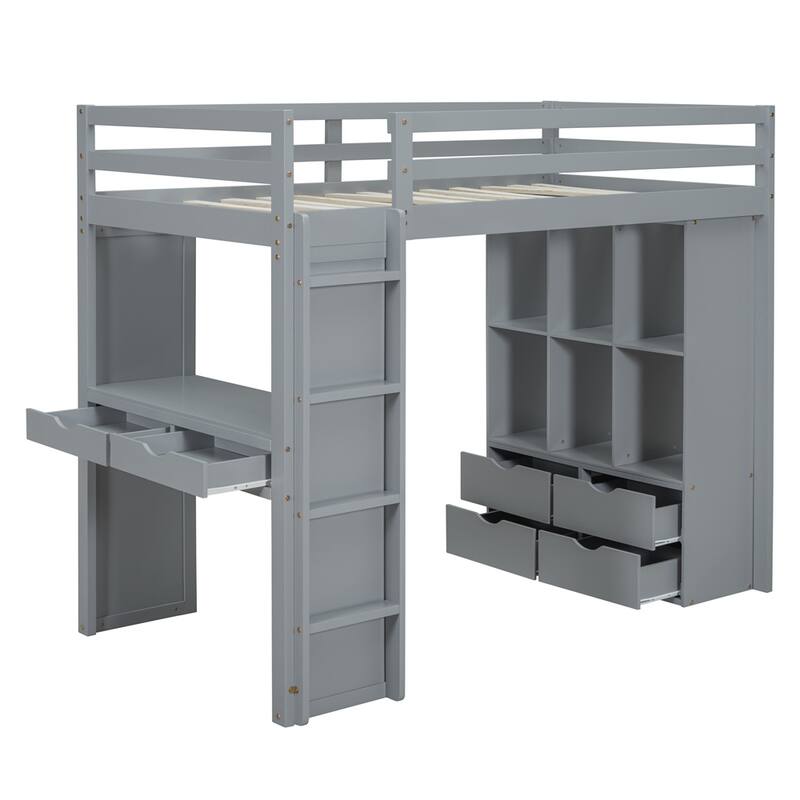 Full Size Loft Bed with large shelves, writing desk and LED Light - Gray