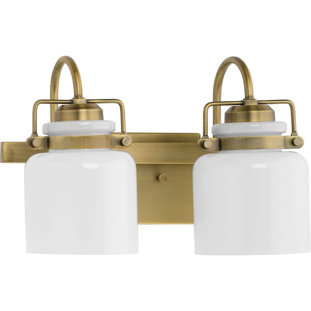 Fessler Collection Two-Light Vintage Brass Opal Glass Farmhouse Bath Light - 13 in x 7.12 in x 9.12 in