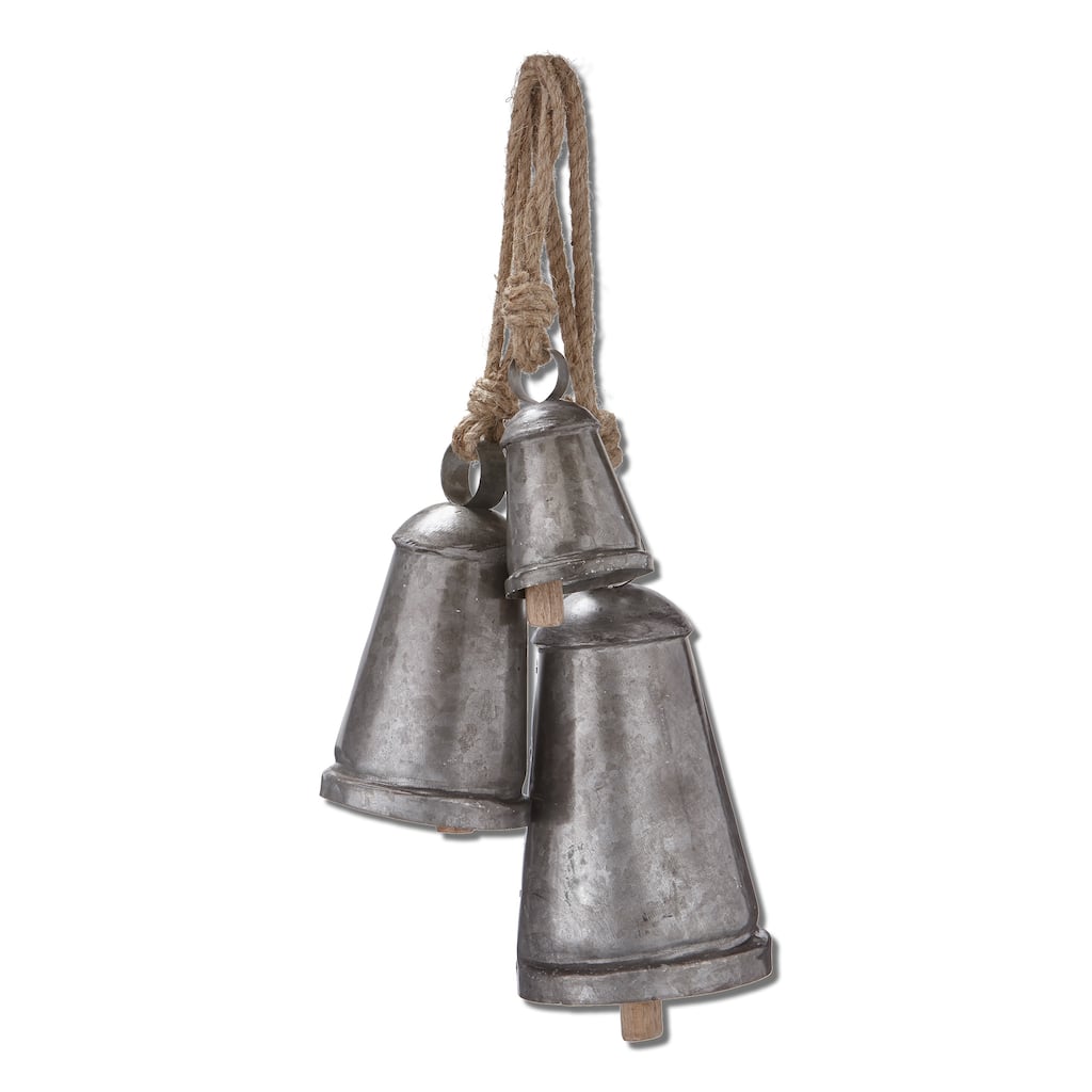 Vintage Bell and Jute Decorative Objects Set of 3 Antique Silver Bells for Christmas 8.5 in H x 4 in L x 4 in W