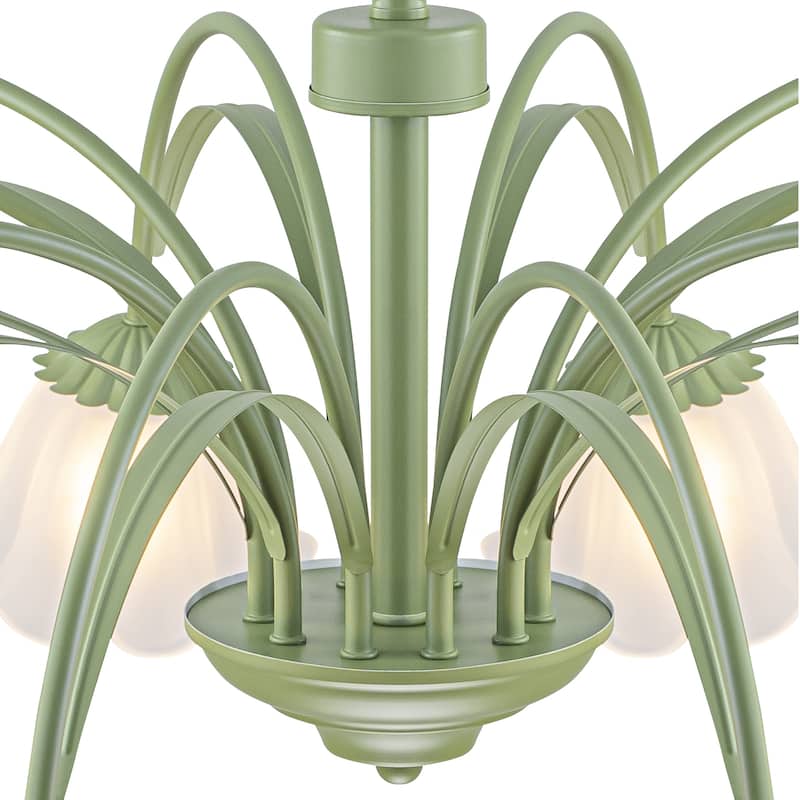 Botanical Green Chandelier with Floral Frosted Glass Shades