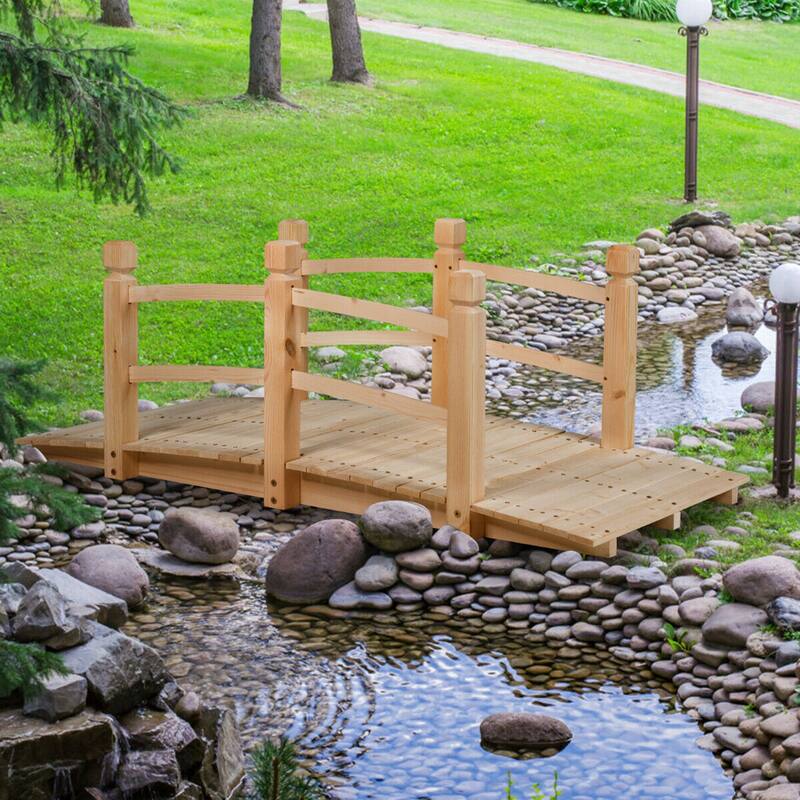 Gymax 5Ft Garden Wooden Bridge Decoration Backyard Pond w/ Safety