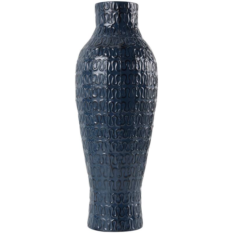 Dark Blue Metal Dimensional Textured Decorative Vase with Wavy Pattern
