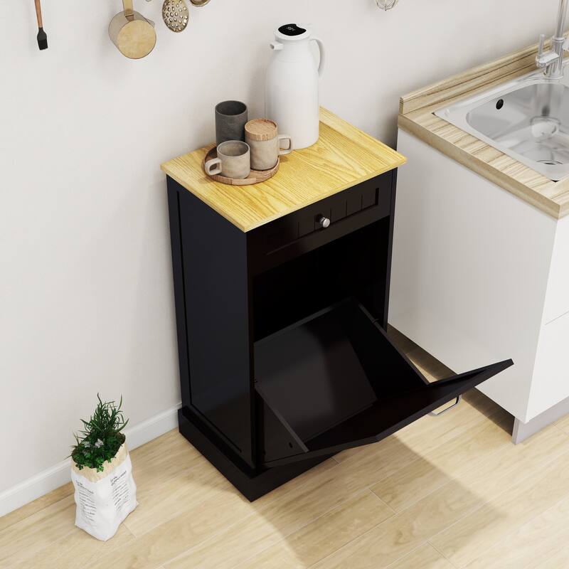 Anmytek 10-Gallon Woodgrain Tilt-Out Trash Can Cabinet with Wave-Textured Drawer for Kitchen,Bathroom
