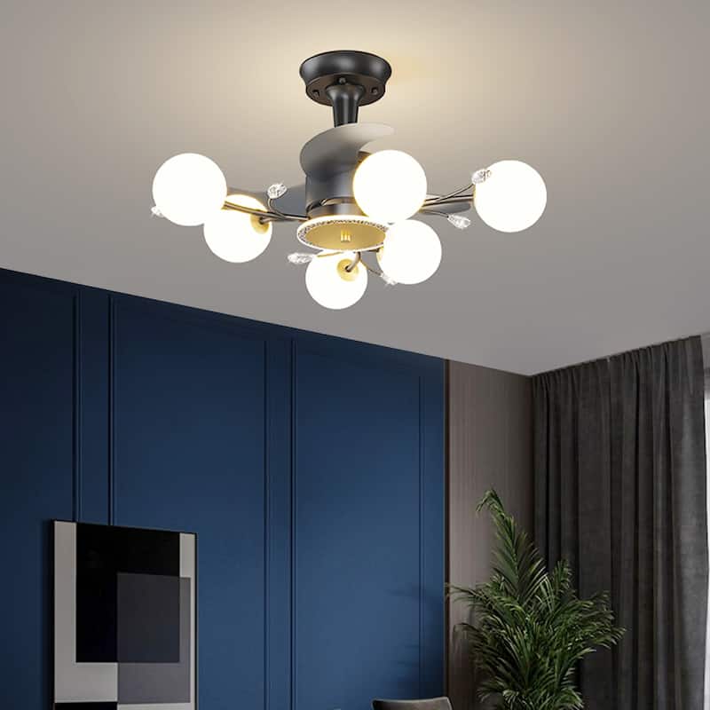 Ceiling Fan with Milky Glass Globe Shade, Modern Low Profile Reversible Fandelier for Bedroom