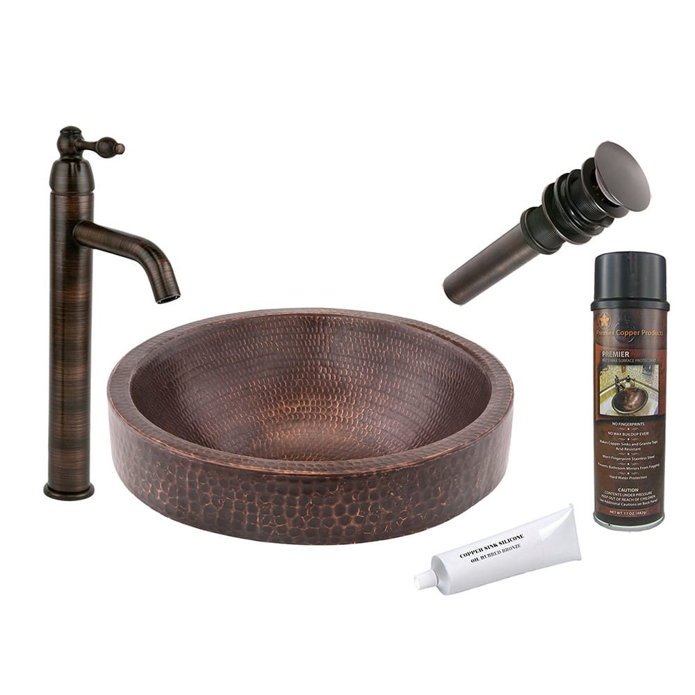 Small Round Skirted Vessel Hammered Copper Sink with Matching Drain and Accessories (BSP1_VR15SKDB)