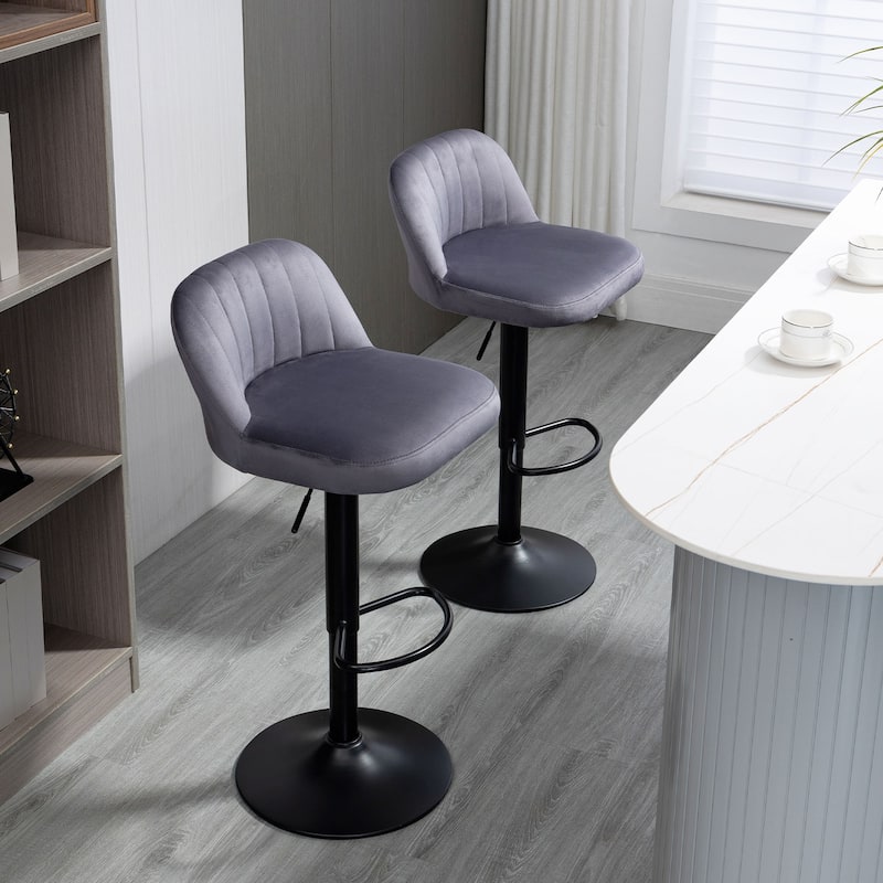 HOMCOM Adjustable Bar Stools Set of 2, Velvet Counter Height Barstool, Upholstered Kitchen Stool with Swivel Seat, Steel Frame