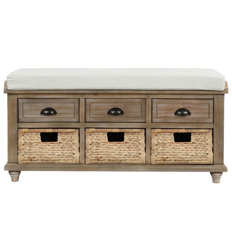 Rustic Linen Upholstered Storage Bench with Drawers & Rattan Baskets - Perfect for Farmhouse Decor