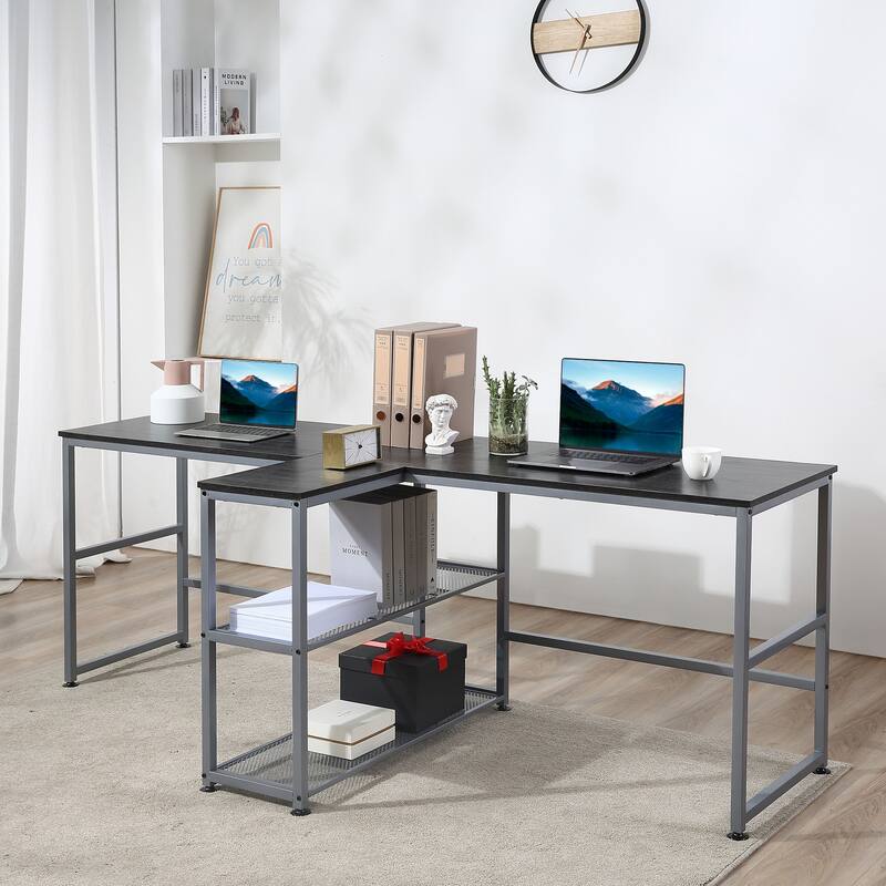 Industrial Double Workstation Desk with Built In Shelving and Steel Frame for Shared Home Office Spaces - Black