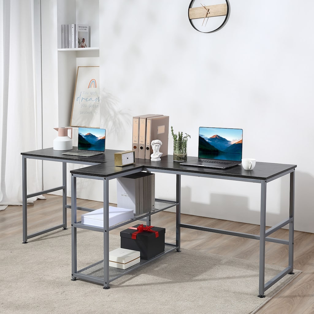 Industrial Double Workstation Desk with Built In Shelving and Steel Frame for Shared Home Office Spaces