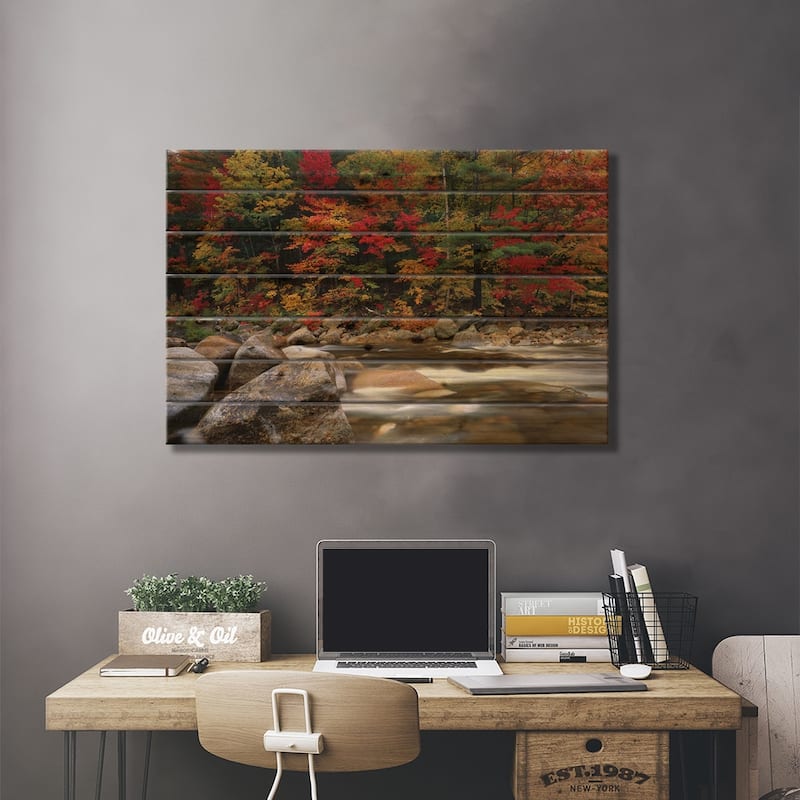 Wild River In Eastern Hardwood Forest, White Mountains National Forest, Maine Print On Wood by Tim Fitzharris - Multi-Color