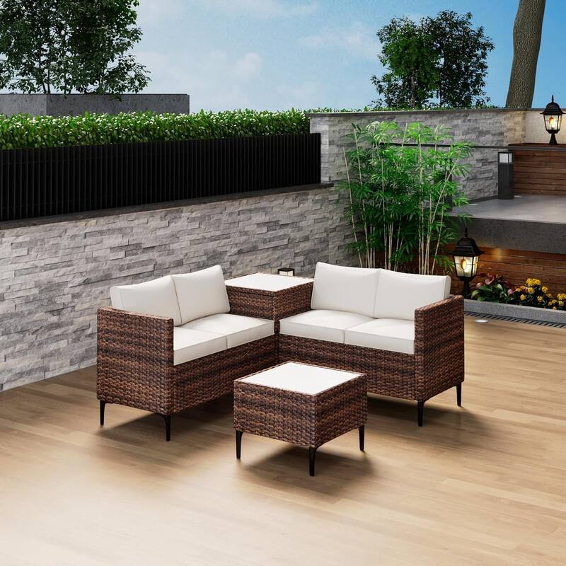 4-Piece Patio Sectional Sofa Set with Coffee Table and Storage Box - Brown & Beige
