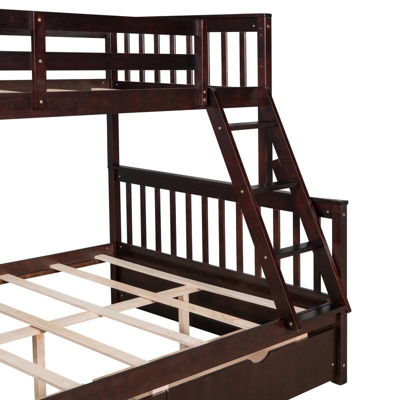Bunk Bed with Drawers, Twin Over Full Bunk Bed, Solid Wood Bunk Bed Frame with Ladders & 2 Storage Drawers