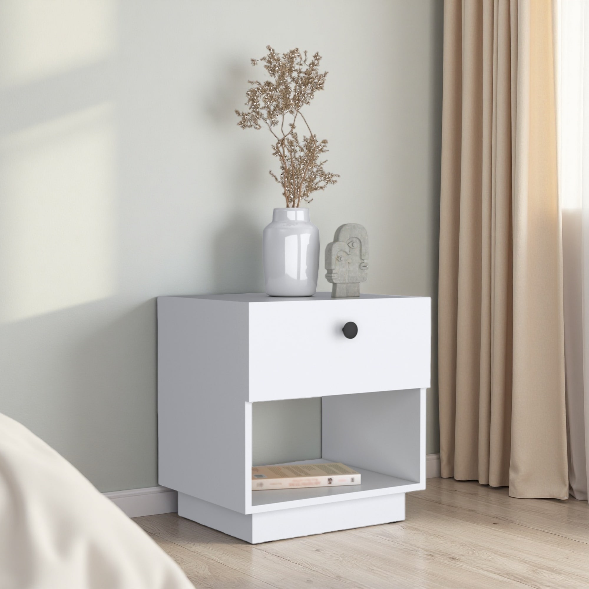 18.5"L Wood Single Drawer Nightstand with Open Storage Shelf, Large Top Surface & Easy-Pull Drawer