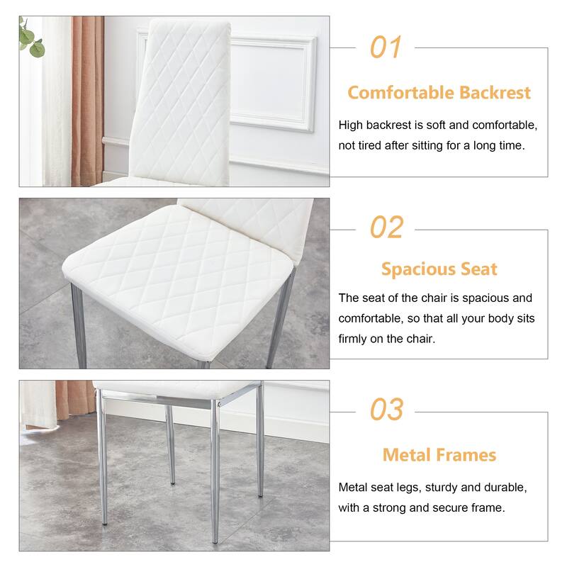 Leather Dining Table Chair Set of 6, High Back Dining Chair, Grid Armless Lounge Chair, Office Chair with C-Shaped Metal Legs