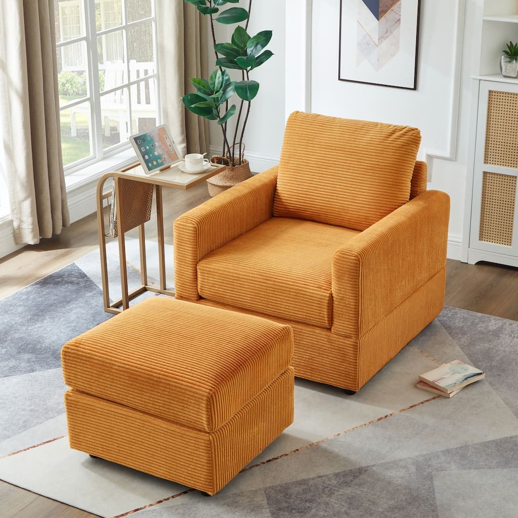 Roomfitters Classic Corduroy Chaise Lounge Sofa Chair with Matching Ottoman and Pillow