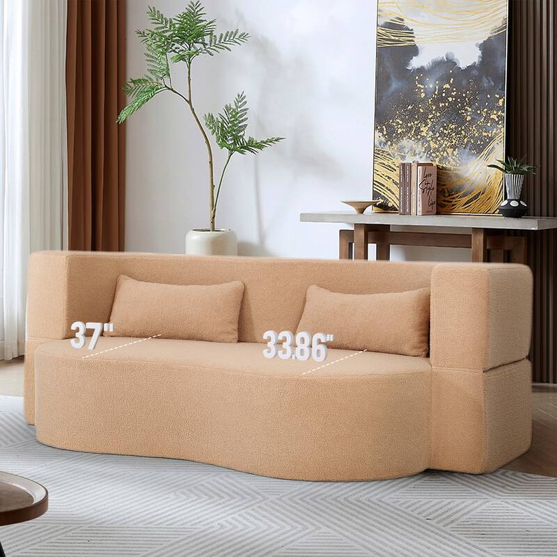 2-in-1 Convertible Sofa Bed, Folding Loveseat Couch with Soft Teddy Fabric, Floor Sleeper Sofa Mattress with 2 Pillows