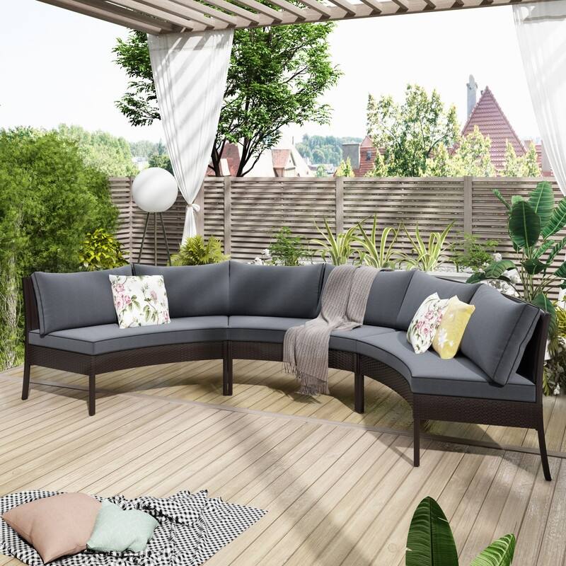 [Pre sale]3PCS Half-Moon Patio Sectional Sofa Set with Grey Cushions