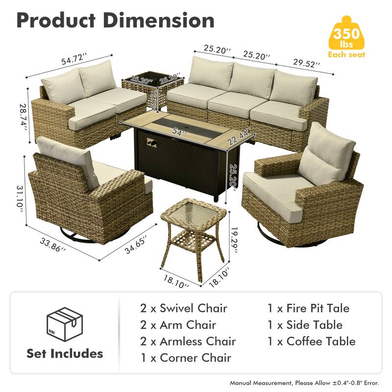 HOOOWOOO 10-piece Rattan Wicker Patio Outdoor Furniture Fire Pit Set with Swivel Rocking Chairs