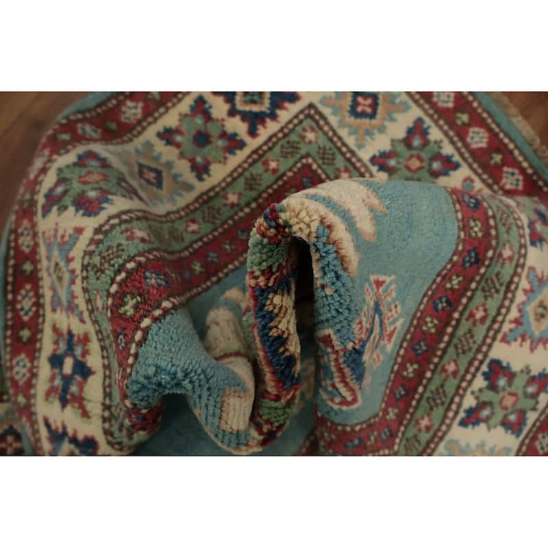 Hand Knotted Oriental 100% Wool Carpet Traditional Geometric Navy Blue & Blues Kazak Runner Rug - 9' 8'' X 2' 9''