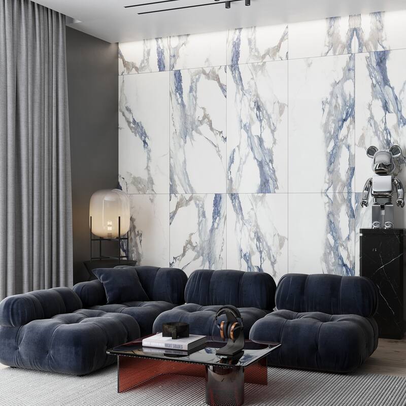 Veneto 23.6 in. x 23.6 in. Polished White with Blue-Gray Porcelain Square Wall and Floor Tile (15.5 sq ft/case) - 4 Sheets