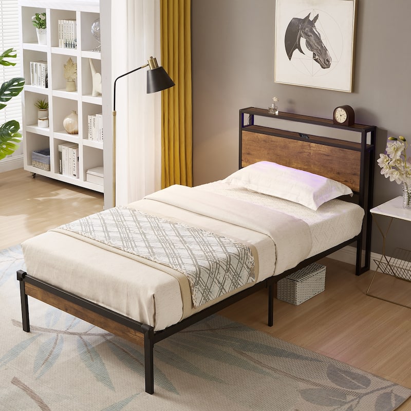Black+Brown Twin Size Metal Platform Bed with Wooden Headboard and Footboard with USB Liner - Black+Brown