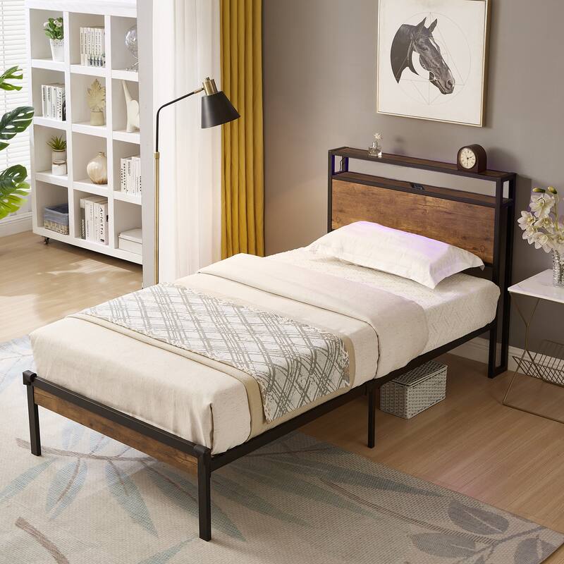 Twin Metal and Wood Bed Frame with Under-Bed Storage, Modern Black and Brown Platform Bed