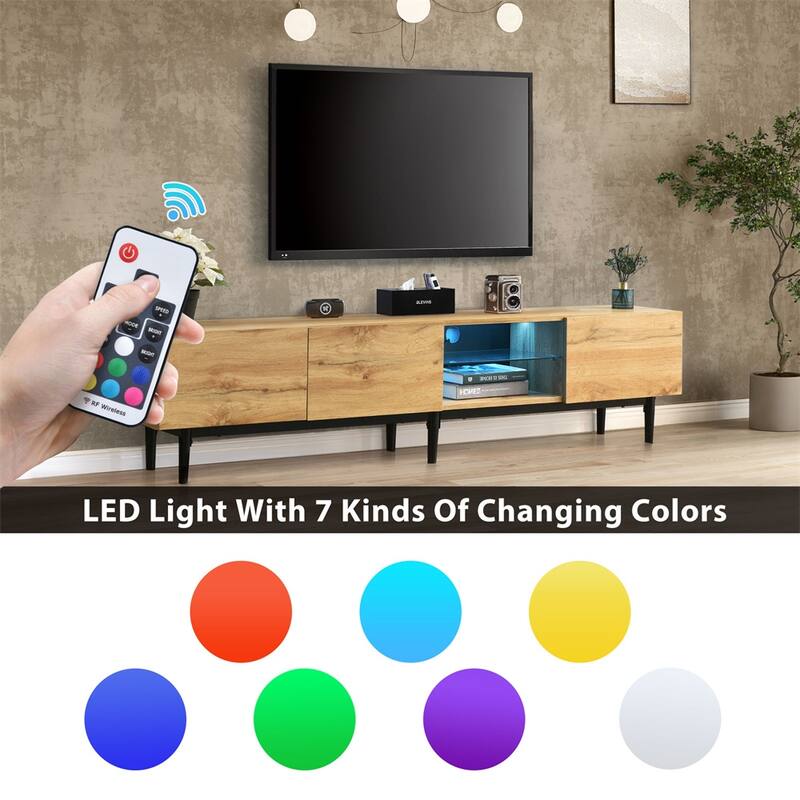 Modern LED Light TV Stand with Drop Down Door and Open Shelves