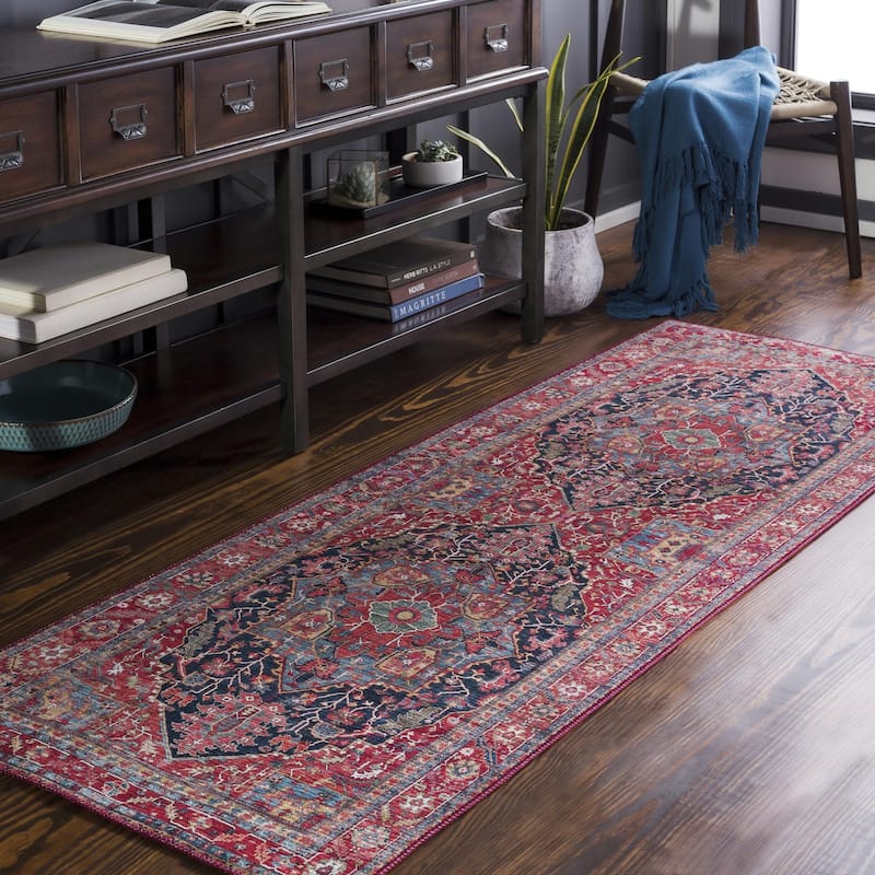 Livabliss Iris Traditional Medallion Printed Area Rug - Navy/Red - 2' 7" x 7' 7"