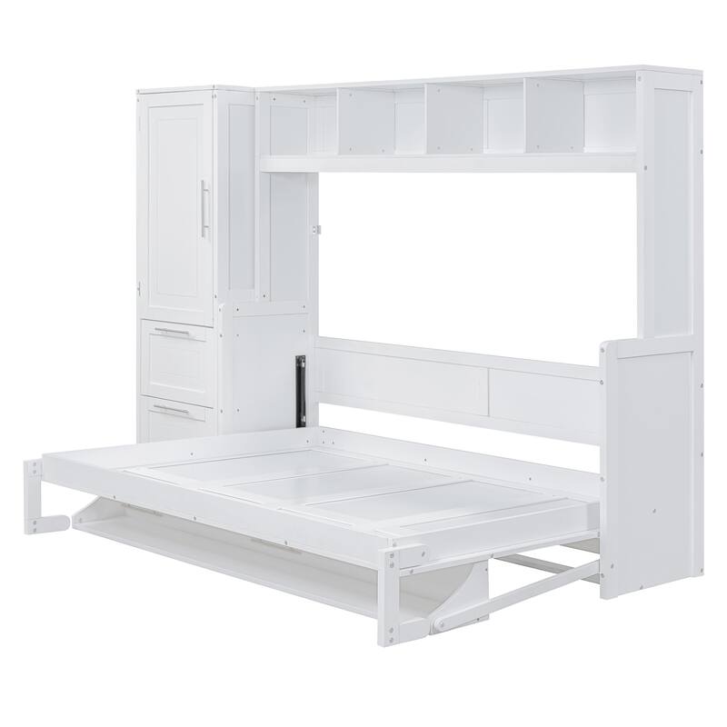 White Full Size Murphy Bed with Built-in Shelf and Drawers