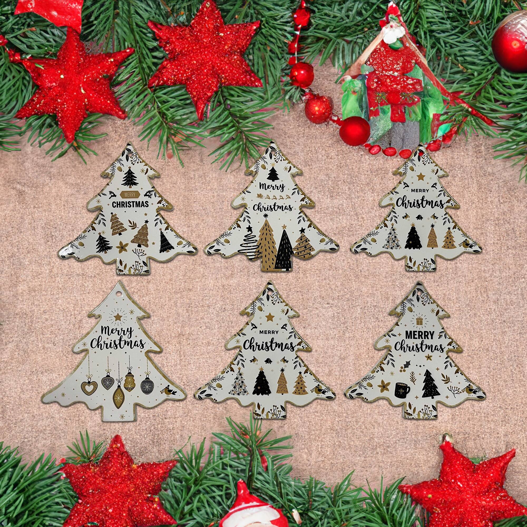 Christmas Ceramic Tree Shape Trivet Merry Christmas Set of 6 Bed