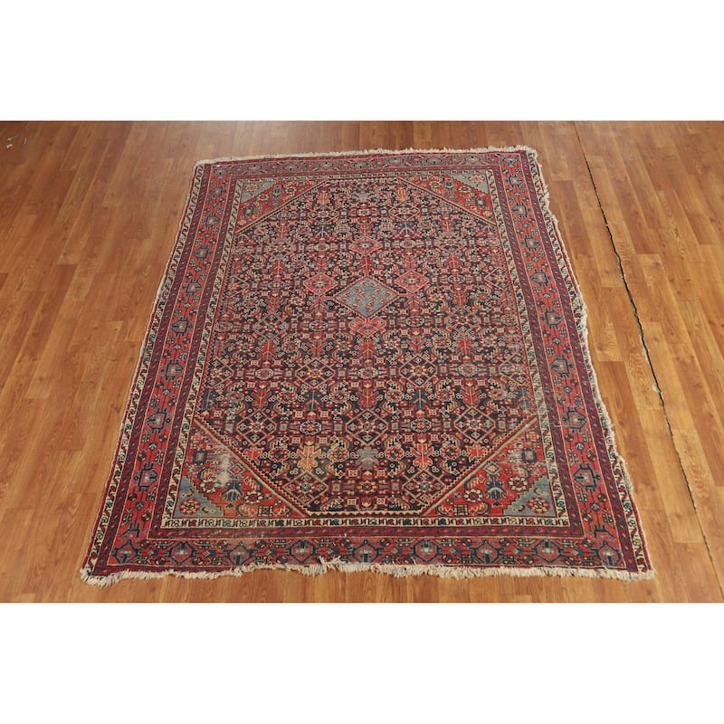 Hand Knotted Oriental 100% Wool Carpet Traditional Medallion Navy Blue & Blues Malayer Area Rug - 6' 4'' X 5' 2''