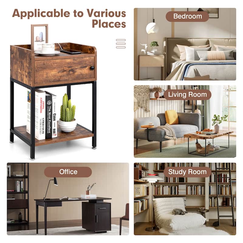 Costway Nightstand W/ Charging Station Sofa Side Table Storage Cabinet - See Details