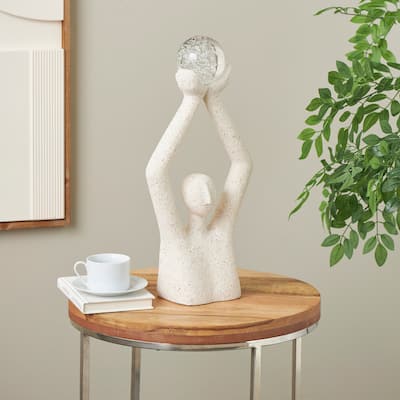 Cream Polystone Abstract Textured People Decorative Sculpture with Clear Glass Ball and Gold Speckles