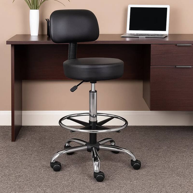Fea Medical Drafting Stool, Black Vinyl, Low Back and Padded Seat, Chrome