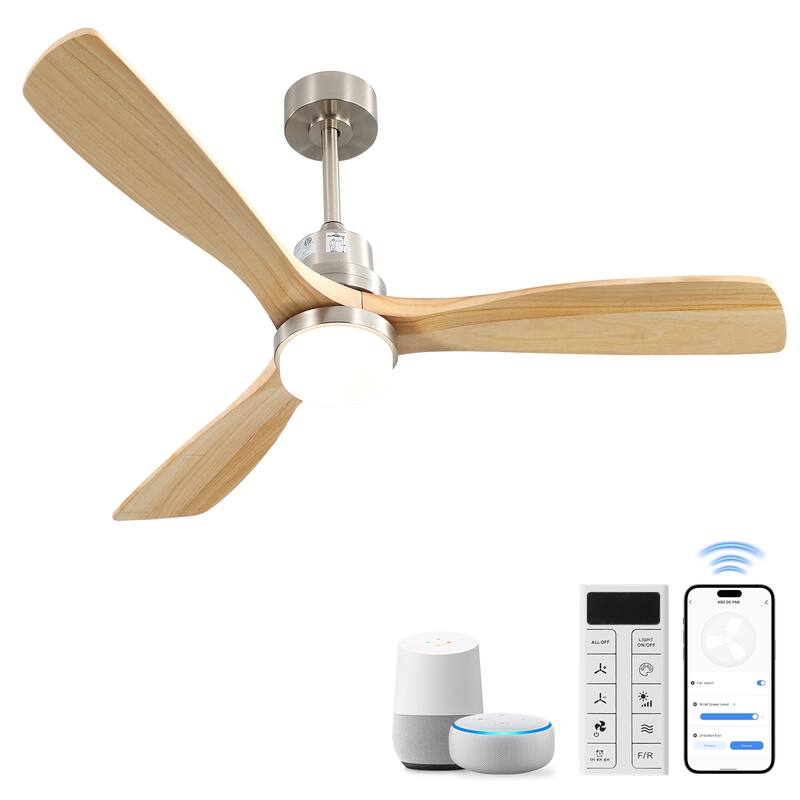 Sofucor 48/52 Inch Wood Ceiling Fan with Light and Remote/Smart App Voice Control, Dimmable Lights Included - 52-Smart(Remote+APP+Voice Control) - Silver with Natural Wood Blades