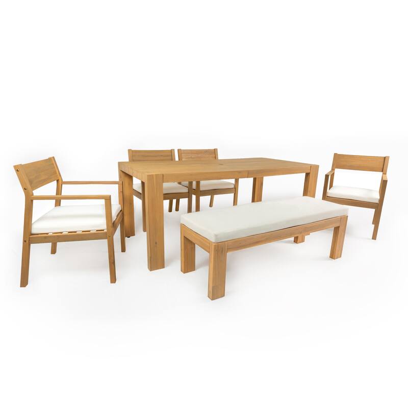 Outdoor Patio Dining Table Set for 6 - Person with Umbrella Hole Acacia Wood and Removable Cushions