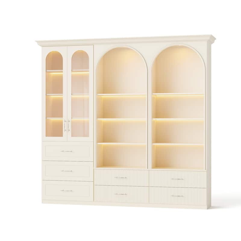 Modular Bookcase with LED Lights, Glass Door Storage Cabinet with Drawers, Large Display Shelving Unit Sideboard