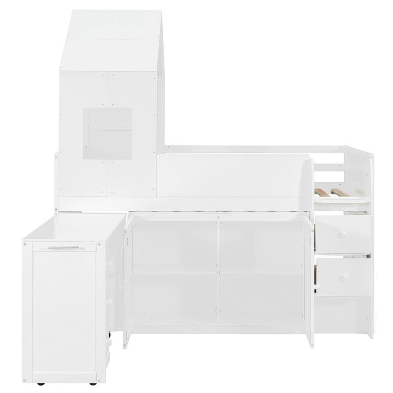 Roomfitters Twin Size House Loft Bed with Rolling Desk, Storage Cabinets and Staircase, All-in-One Space Saving Sleeper
