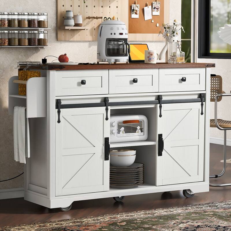 53.7'' Particle Board Farmhouse Kitchen Island with Power Outlet, Drop Leaf, Spice Rack, Rolling Wheels and Drawers