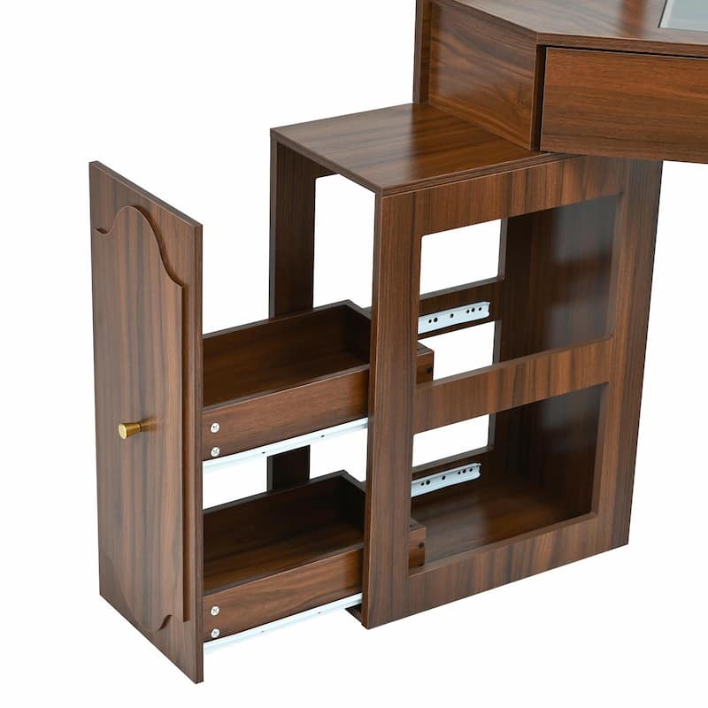 Triangle Makeup Desk with Removable Pull-Out Side Cabinet, Glass Tabletop Makeup Vanity with Drawer and Shelf
