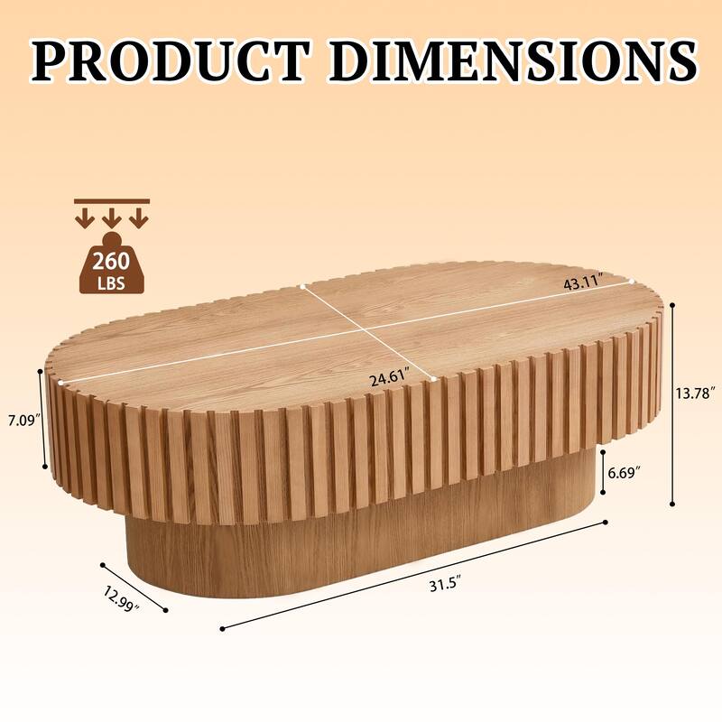 43.1"Oval Coffee Table,Mid Century Modern Fluted Coffee Table with Pedestal, Classic Wood Coffee Table for Living Room