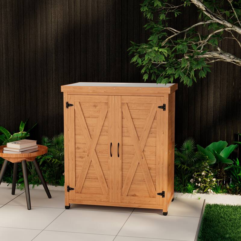 Wooden Patio Furniture with Metal-Tabletop, Potting Bench with Storage Cabinet, Outdoor Patio Storage Cabinet with Shelves - Brown