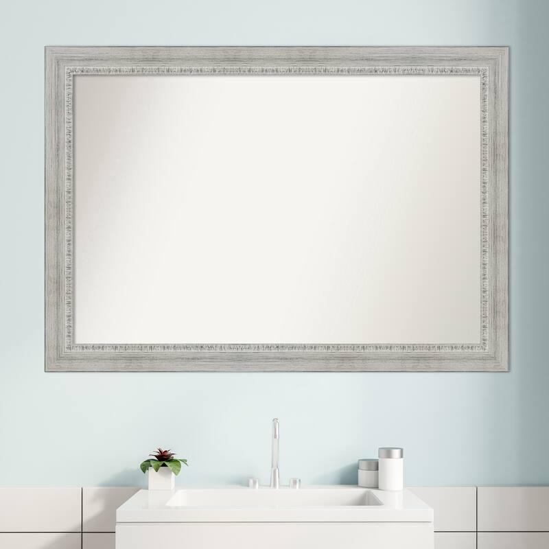 Non-Beveled Wood Bathroom Wall Mirror - Rustic White Wash Frame